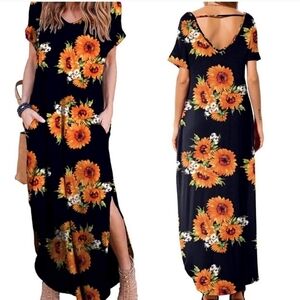 Floral Tropical Rayon and Spandex Loose Short Sleeve Split  Maxi Dress Size XL